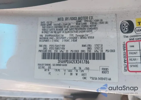 2012 Ford Fusion Sel из США, поврежденный, VIN 3FAHP0JA2CR341786